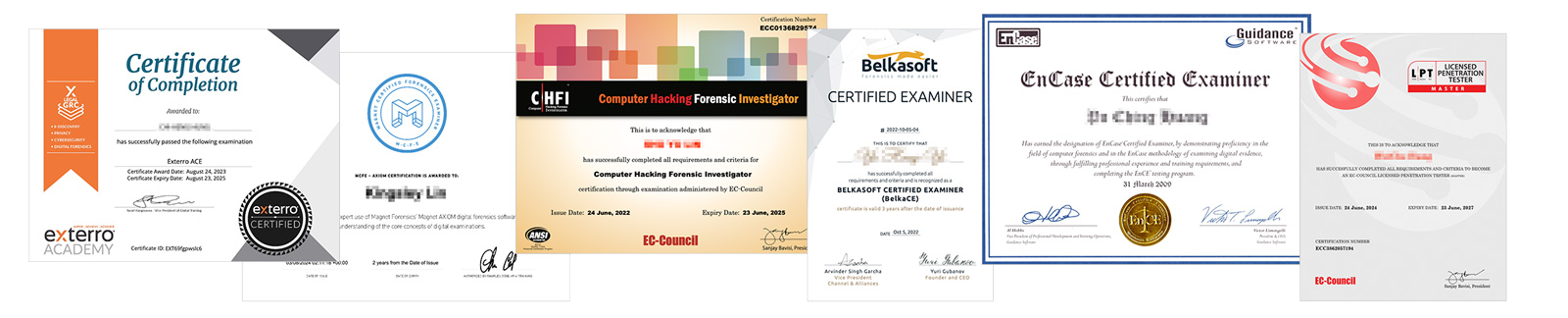 Images of numerous digital forensics certificates