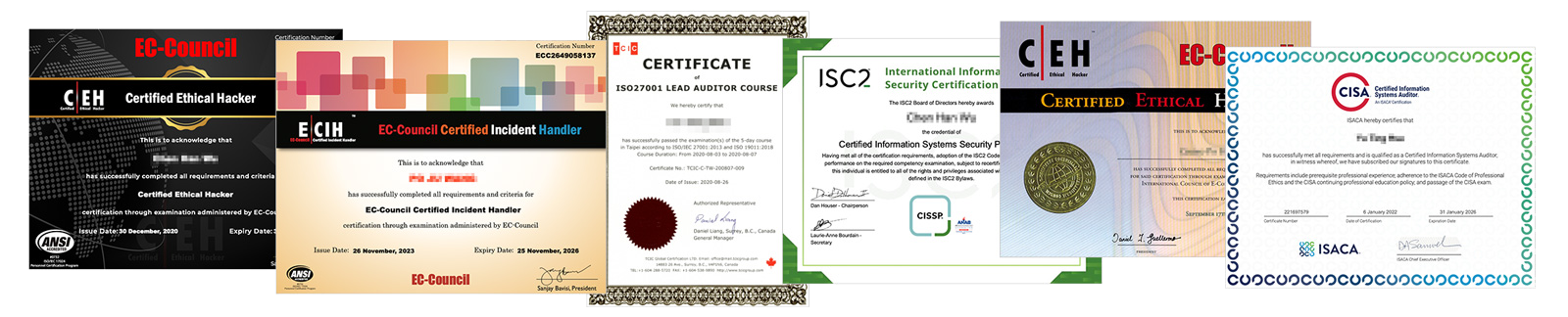 Images of numerous information security certificates